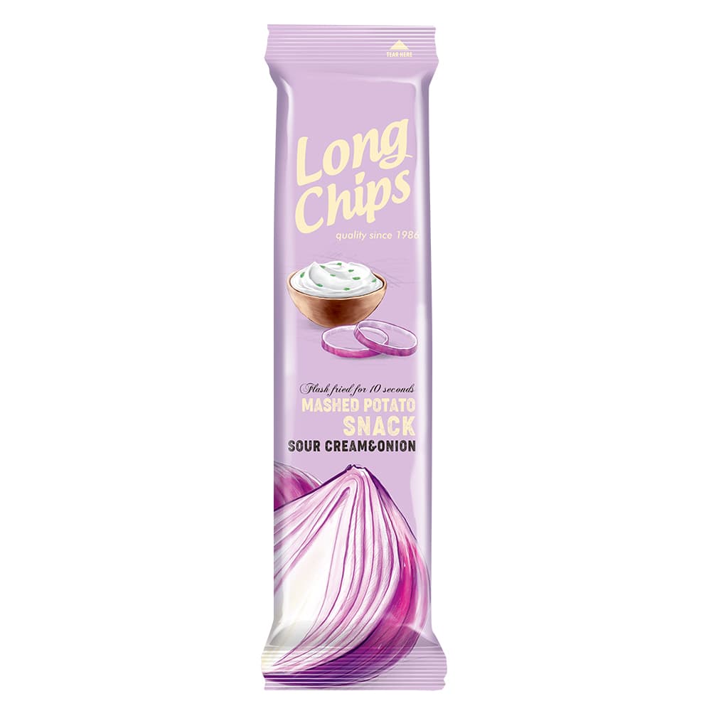 LONG CHIPS Chipsy ziemniaczane o smaku smietany z cebulka. 71,87 zl/kg