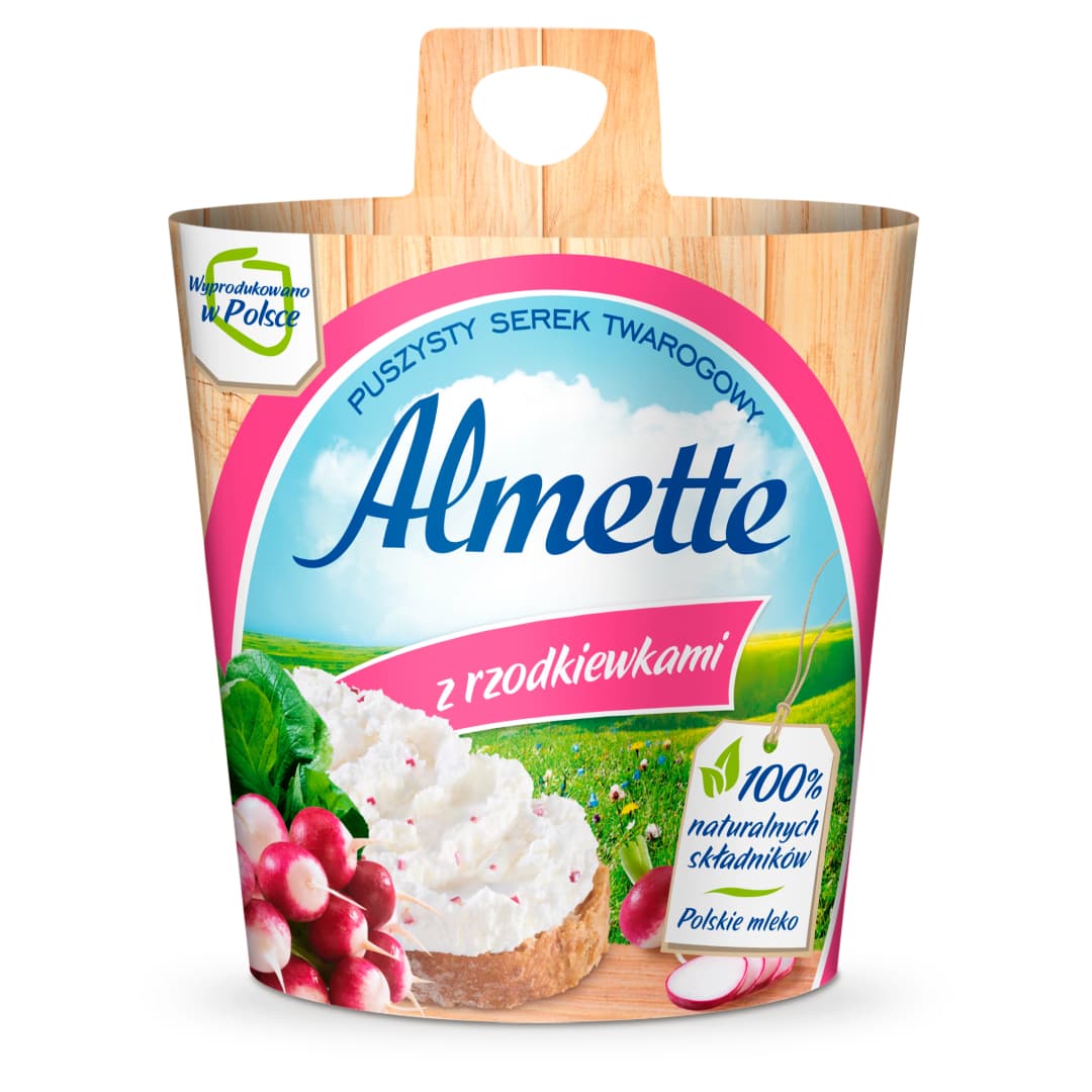 ALMETTE Puszysty serek twarogowy z rzodkiewkami. 35,93 zl/kg